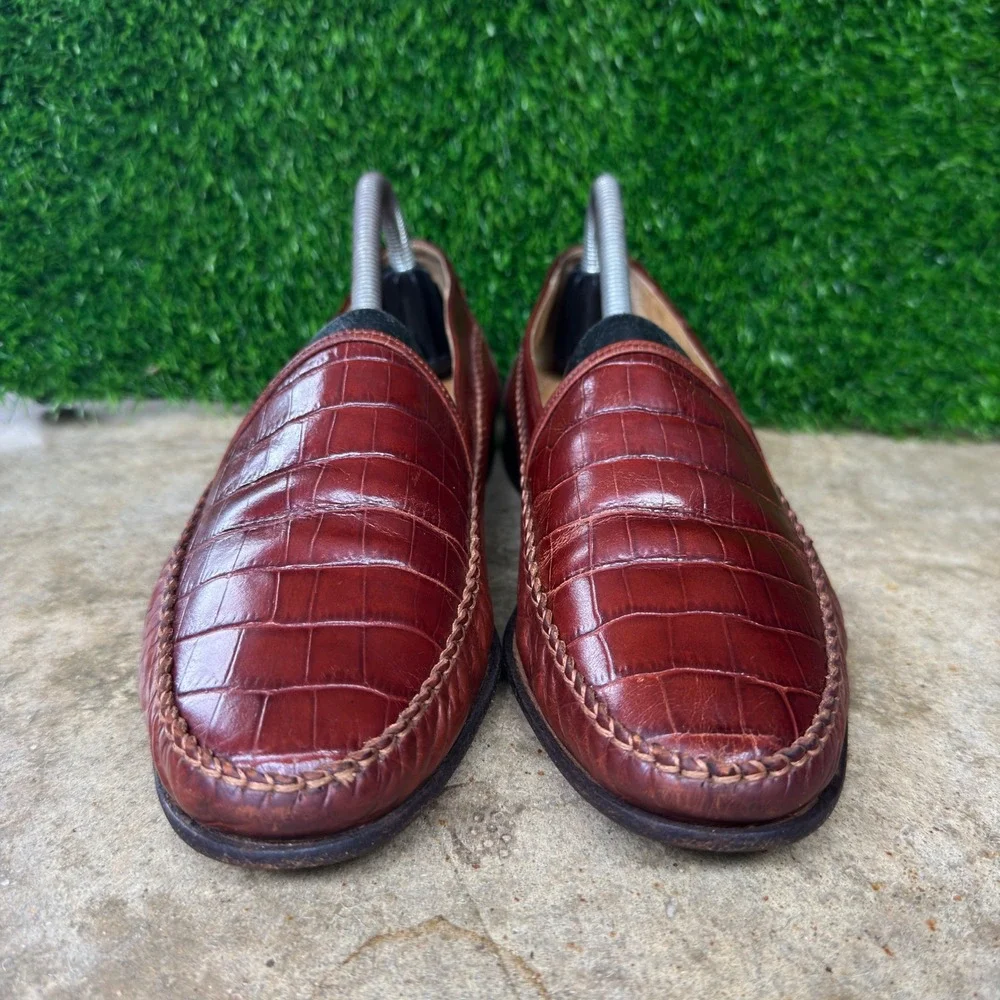 Vintage 90s Bally Floryno Croc Embossed Leather Loafers Brown 8.5